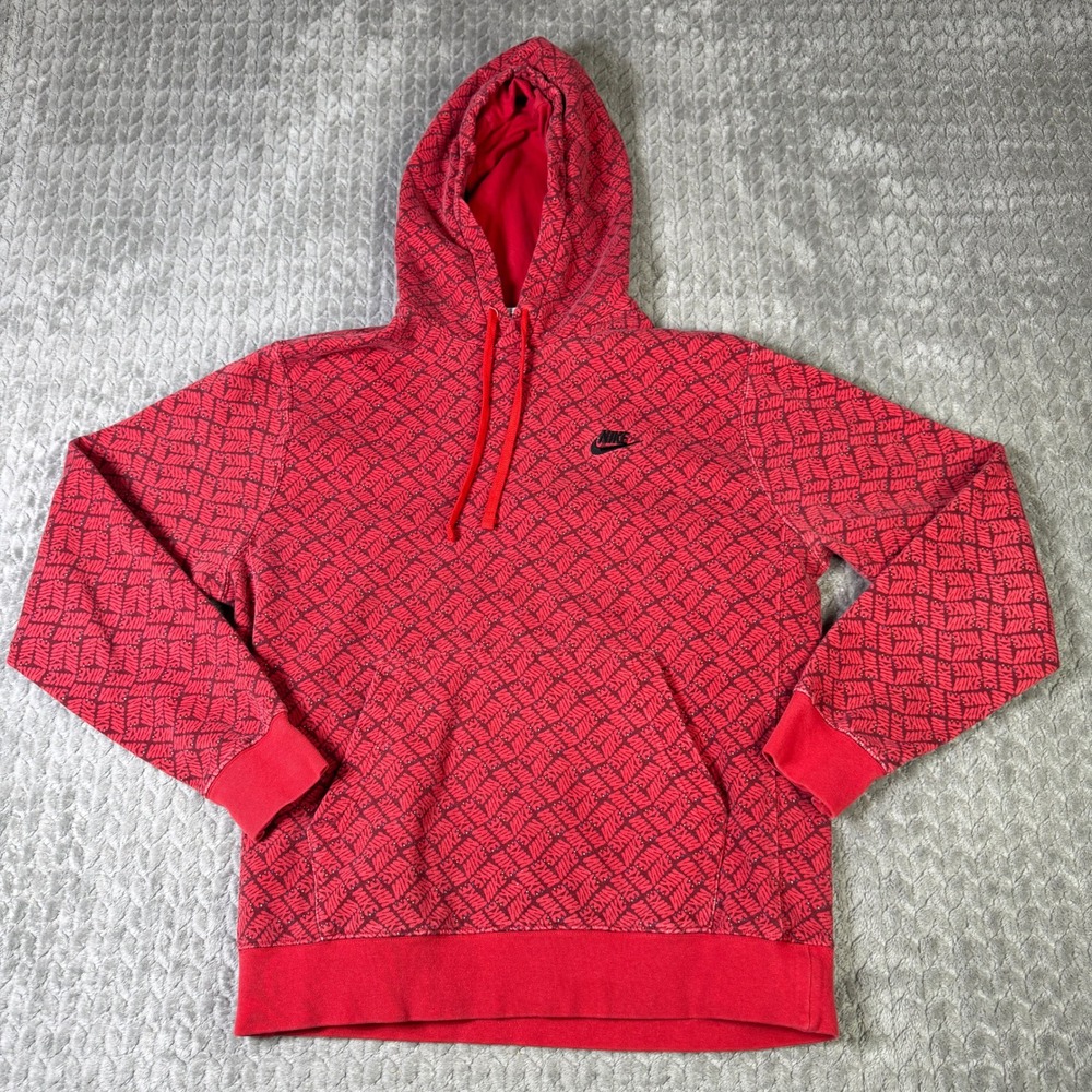 Nike Sportswear Mens Red All Over Print Logo Pullover Hoodie Sweatshirt Medium